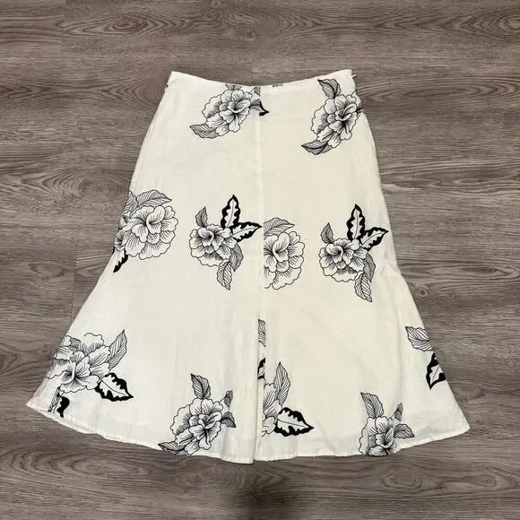 John Paul Richard 100% Linen Floral Skirt Black White Midi 8 Boho Cottage Chic - Picture 2 of 7